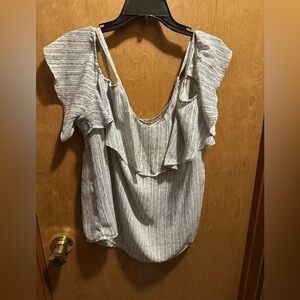 Apt. 9 Women's Ruffled Cols Shoulder Blouse - White and Blue Stripes XXL